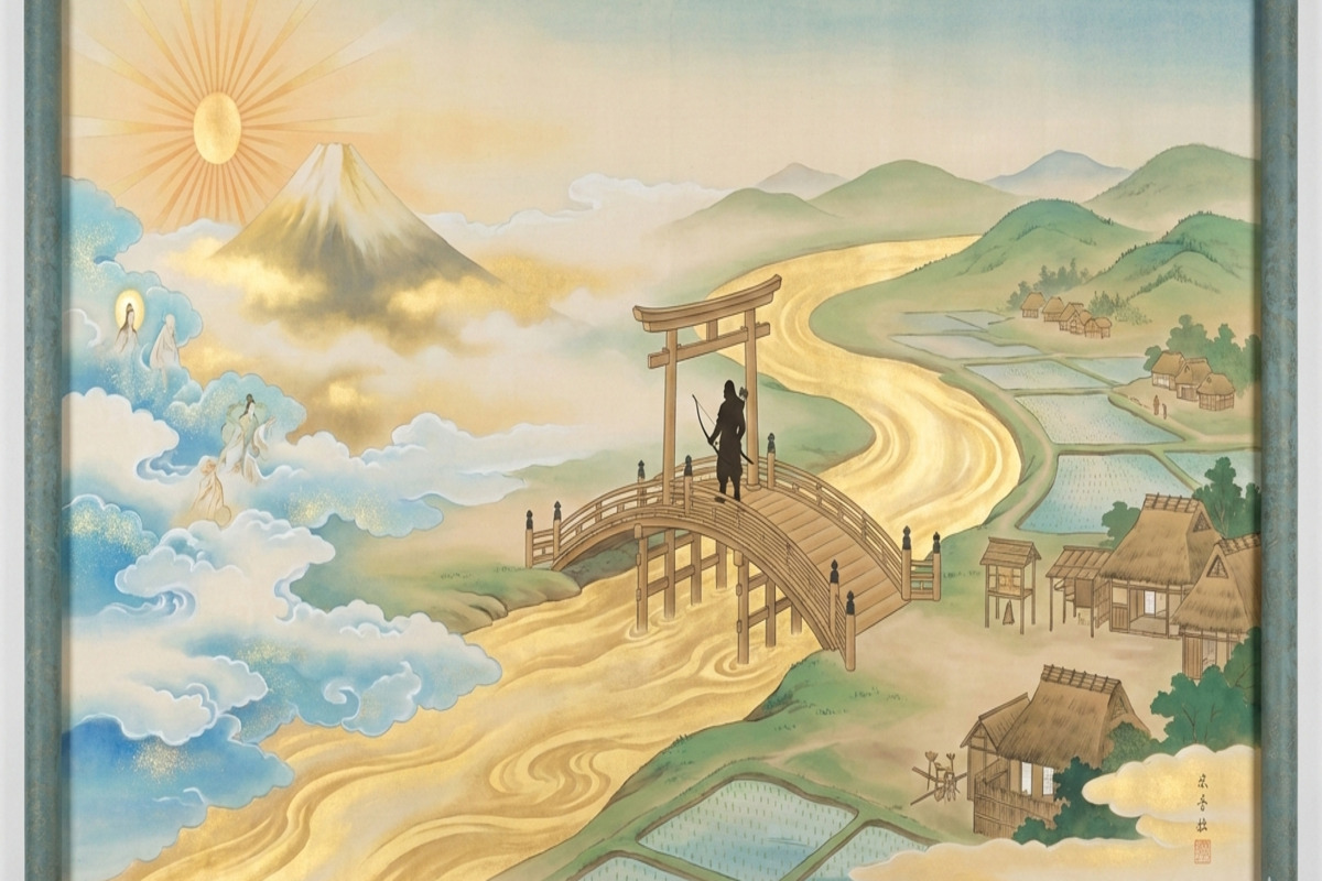 神武天皇を祀る橿原神宮の社殿、または古事記・日本書紀の時代区分を示す図