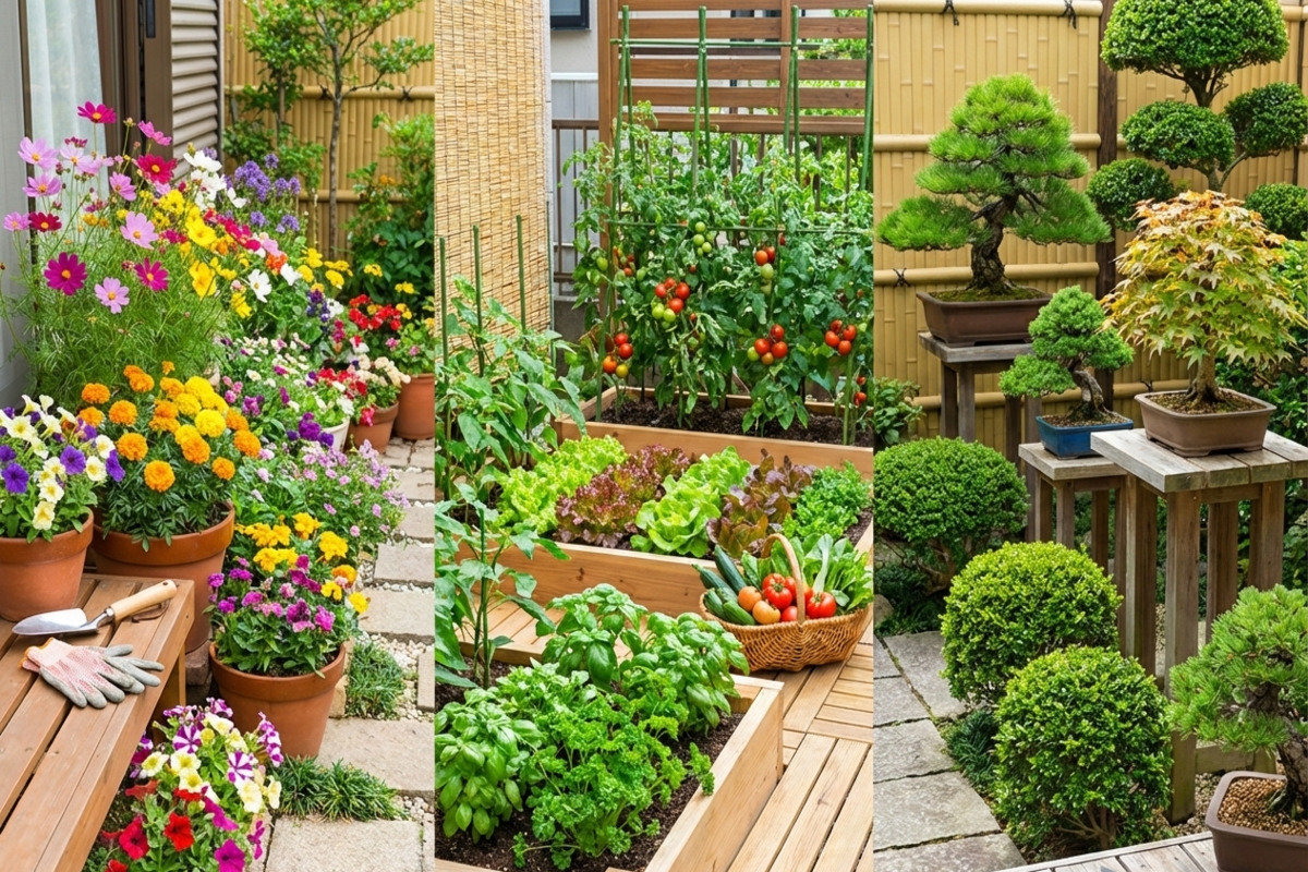 観賞用の花、収穫野菜、盆栽など様々なスタイルで楽しむ園芸の風景