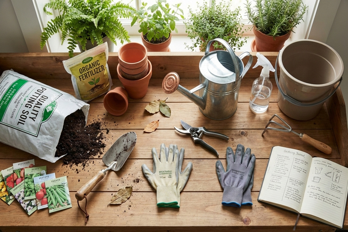 園芸に必要な基本道具と資材が整理された作業台