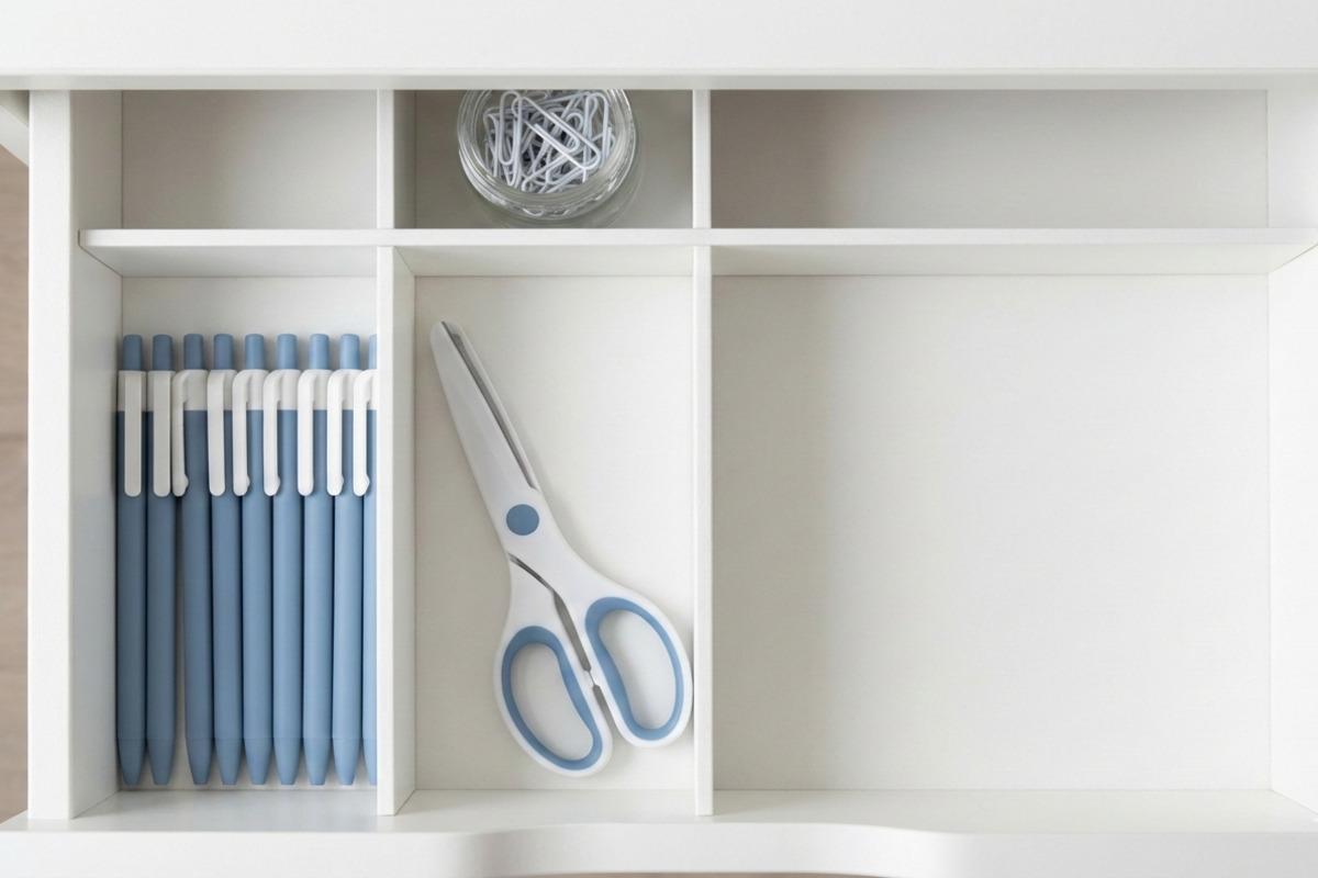 整理された引き出しの内部。仕切りで区切られ、文房具や小物が種類別に美しく収納されている様子