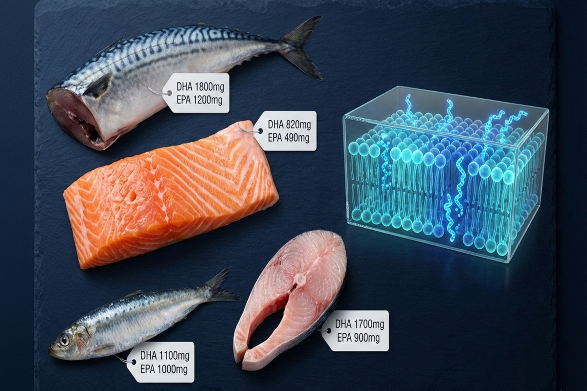 DHA・EPAを豊富に含む青魚（サバ・イワシ・サーモン）の断面図と栄養素の比較イラスト。アスリートの筋肉細胞膜にオメガ3脂肪酸が組み込まれる仕組みを示す科学的図解