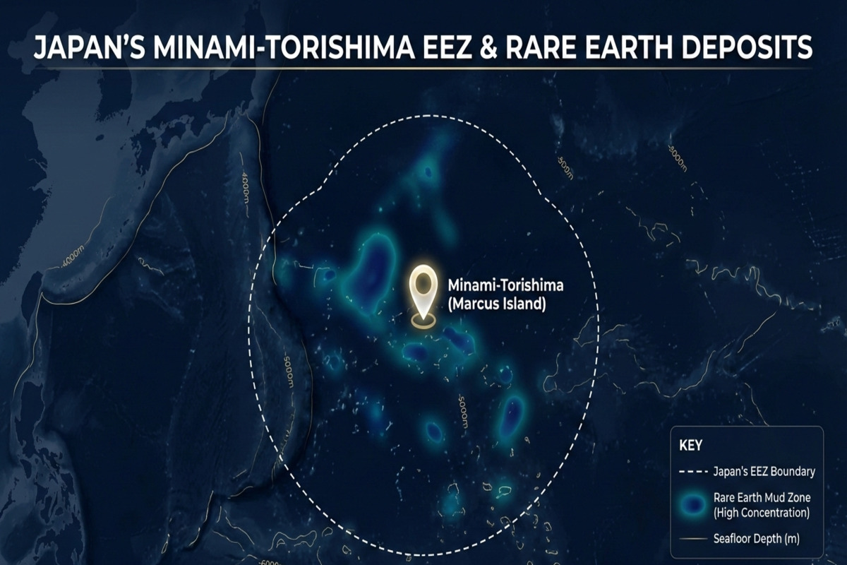 南鳥島周辺海域のレアアース泥分布図。日本のEEZ内に広がる高濃度レアアース泥の鉱床エリアを示す地図
