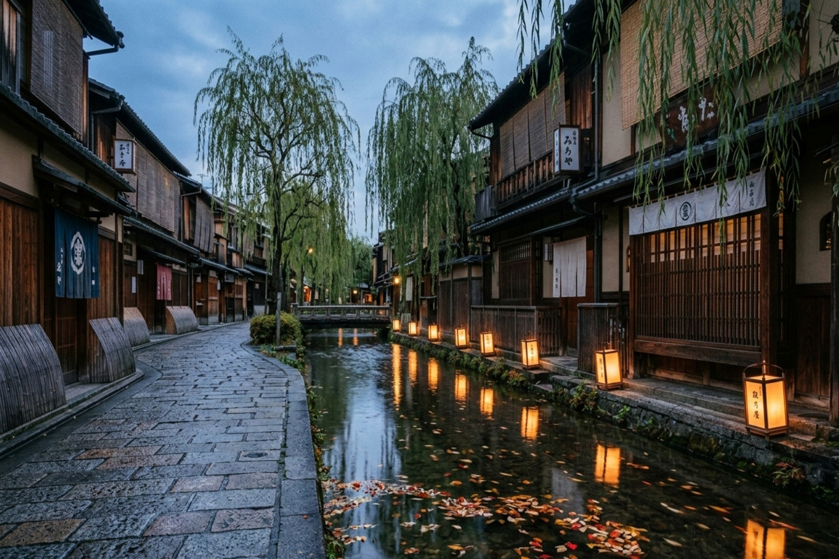 早朝の祇園白川。石畳と柳、静かな水路が織りなす京都の原風景