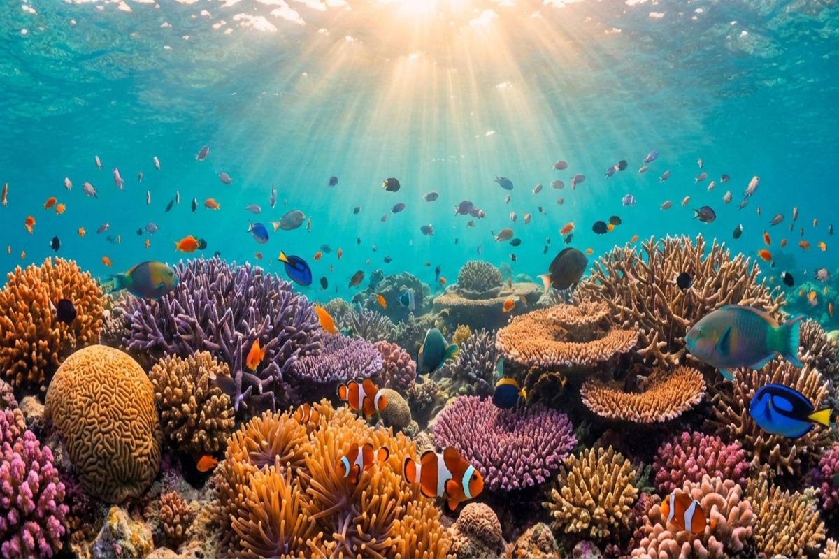 ケアンズのグレートバリアリーフ - 透き通る青い海と色鮮やかなサンゴ礁、熱帯魚の群れ