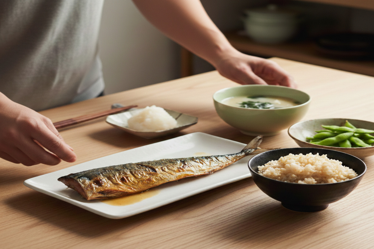 アスリートが青魚（サバ定食）を食事として摂取しているシーン。プレートにはサバの塩焼き・玄米・味噌汁が並び、トレーニング後の回復食としての青魚食の実践例を示している