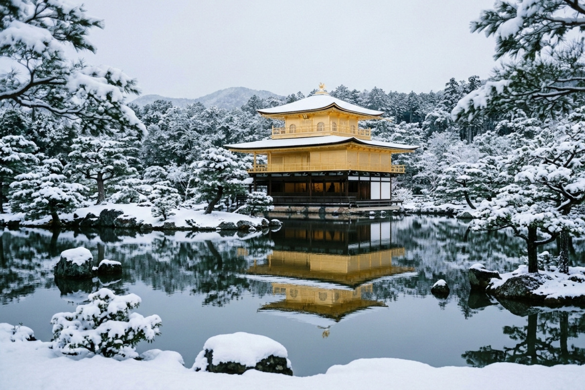冬の金閣寺。雪をまとった金色の舎利殿と静寂な鏡湖池