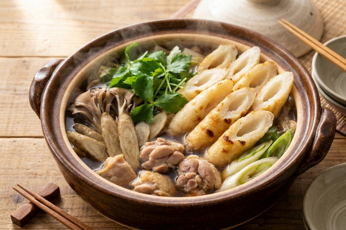 秋田名物きりたんぽ鍋。比内地鶏の出汁で煮込んだきりたんぽ、舞茸、ごぼう、せりが入った郷土料理