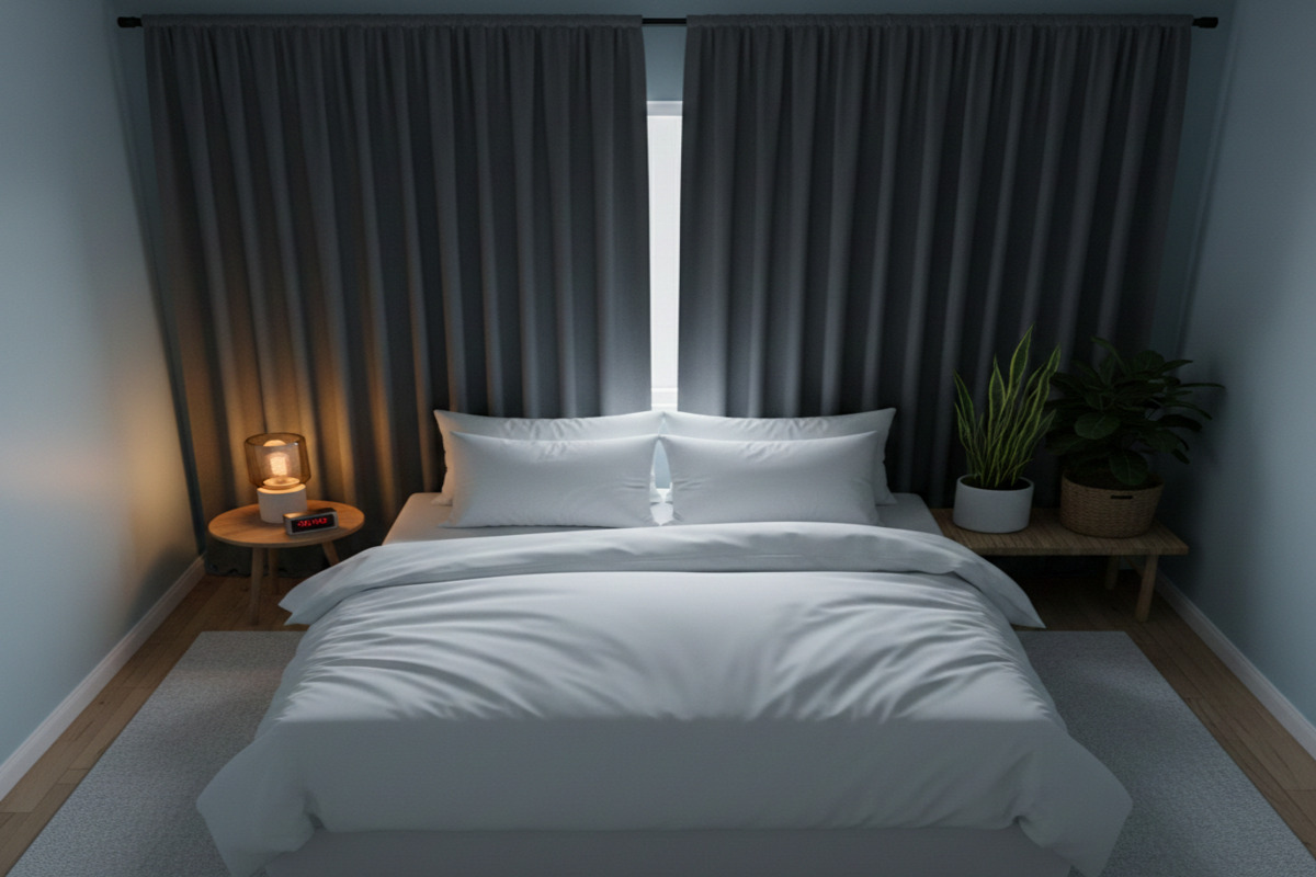 遮光カーテン、快適なマットレス、植物、最小限の電子機器を配置した理想的な寝室環境。整理され落ち着いた色調の空間