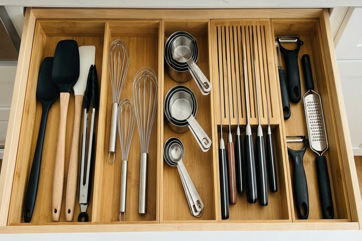 整理されたキッチンの食器棚。白を基調とした清潔感のある空間に、使用頻度の高い食器が取り出しやすく配置されている