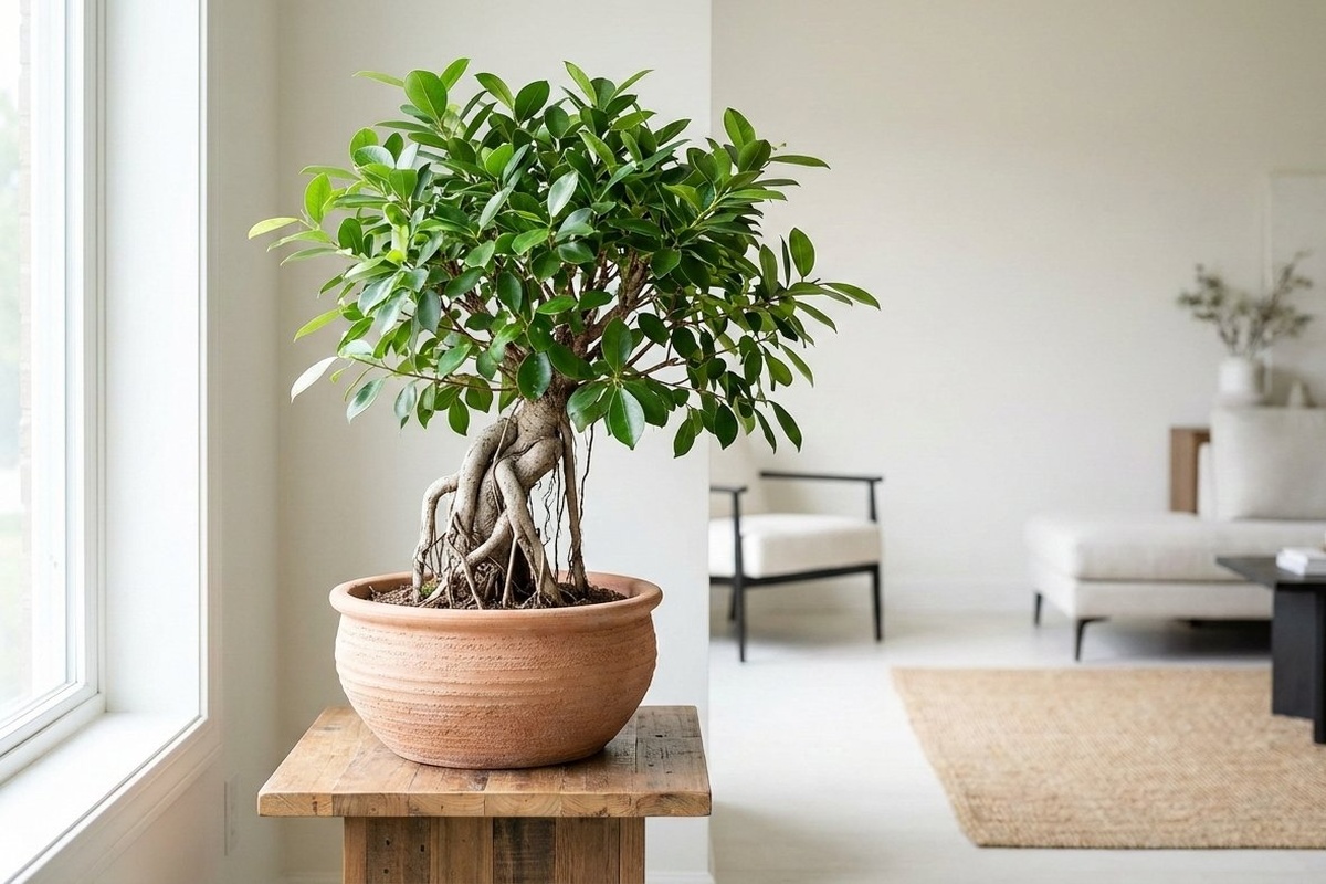 明るい窓辺に置かれた健康なガジュマル（Ficus microcarpa）の室内栽培例