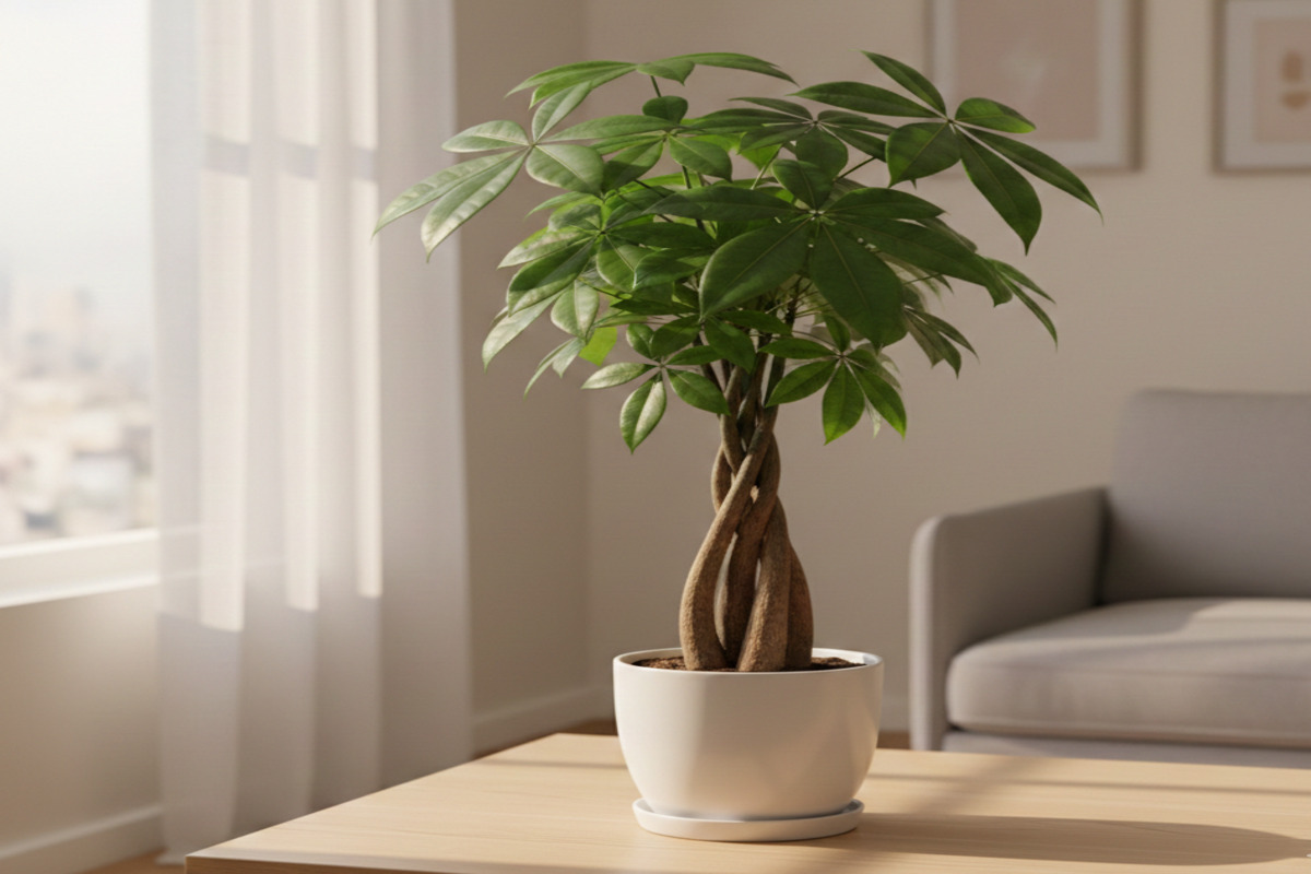 健康に育った室内のパキラ観葉植物の全体像、編み込まれた幹と掌状の緑の葉が特徴的