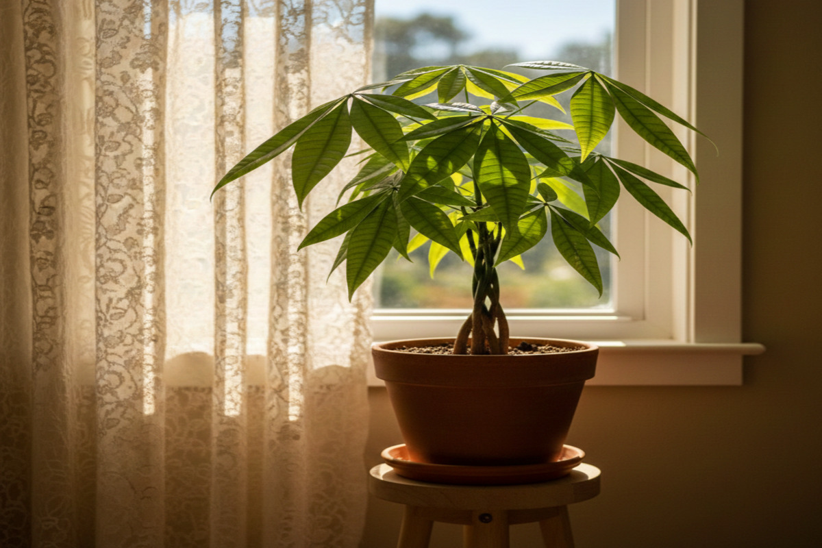 明るい間接光が入る窓際に置かれたパキラ、レースカーテン越しの柔らかい光を浴びている様子