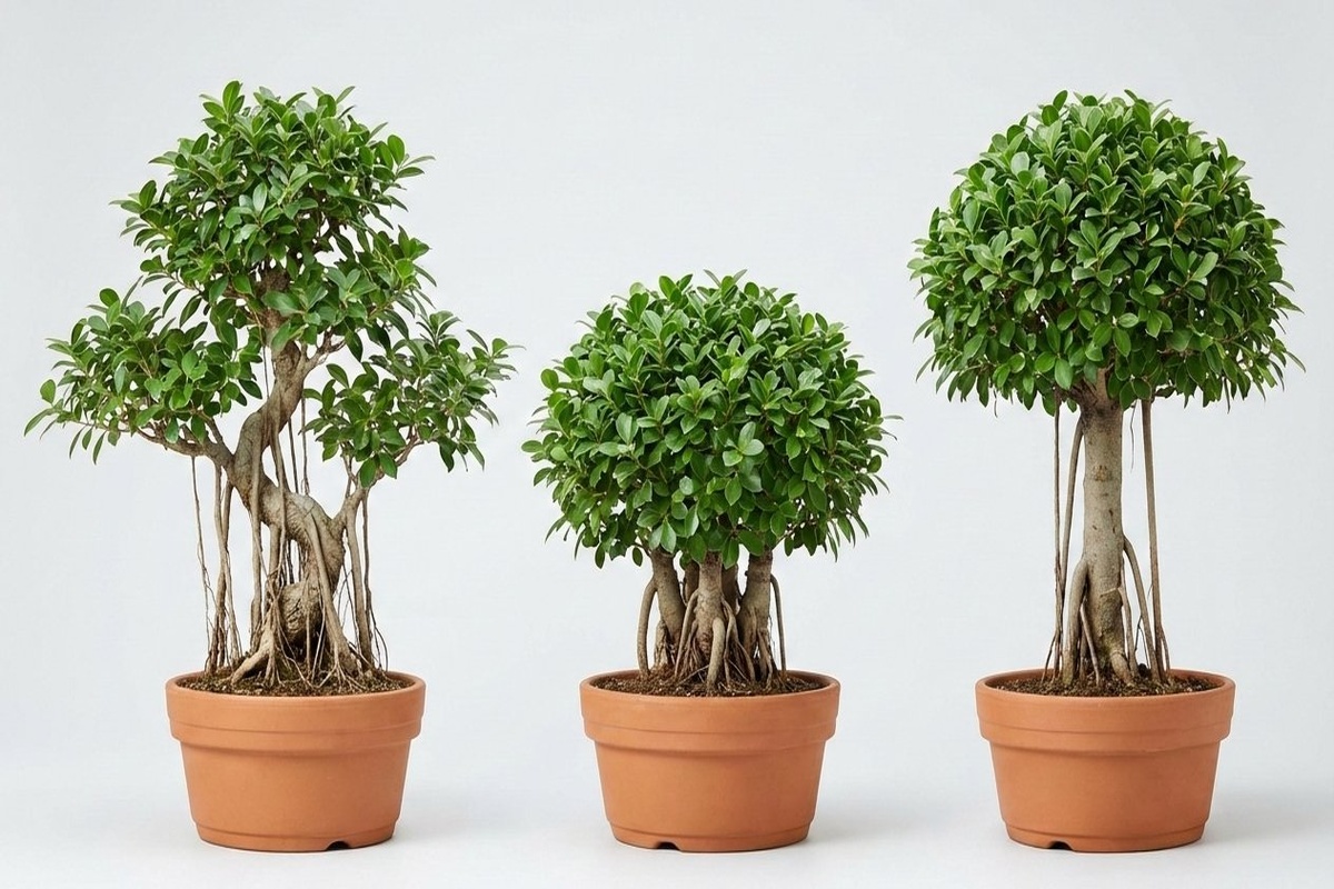 ガジュマルの3つの樹形スタイル比較（自然樹形・ブッシュ型・スタンダード型）