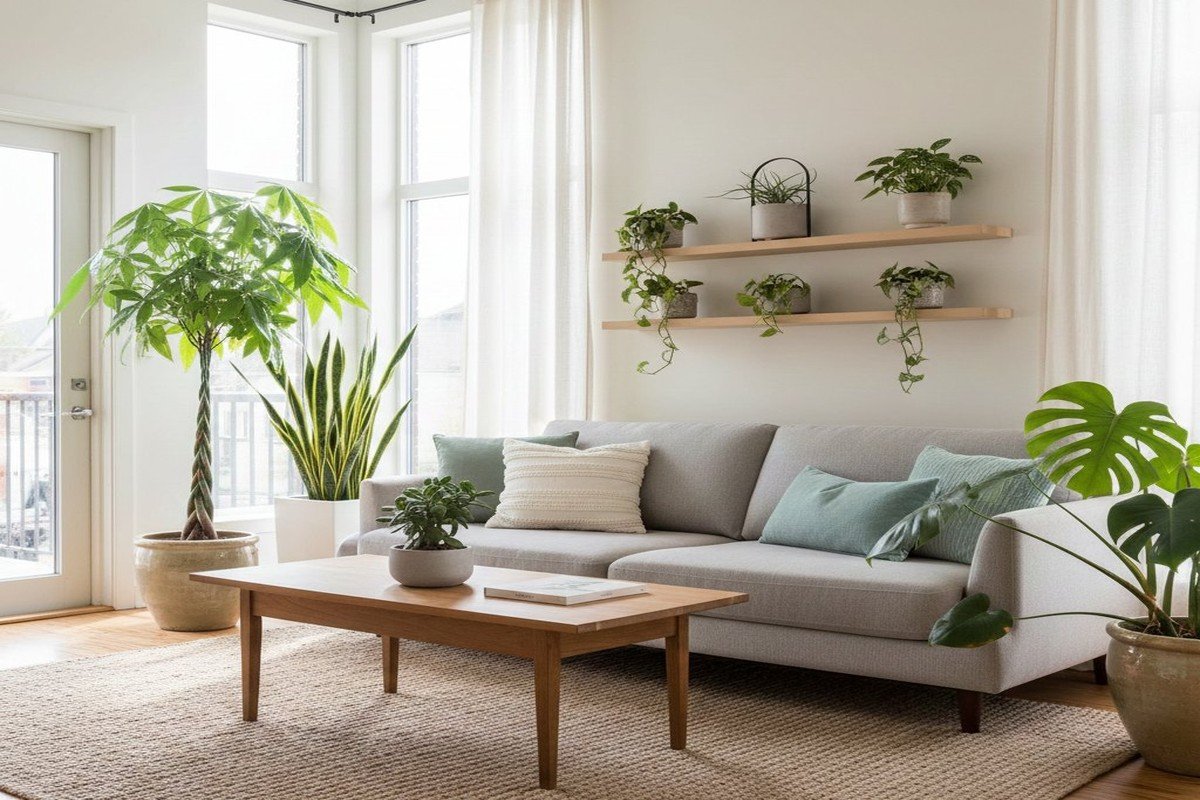 風水に基づいて配置された開運植物のあるリビング空間