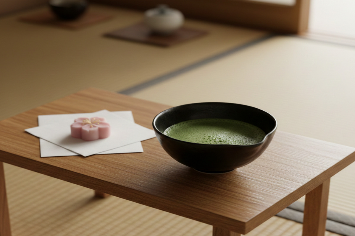 抹茶と季節の主菓子が配された茶席の様子