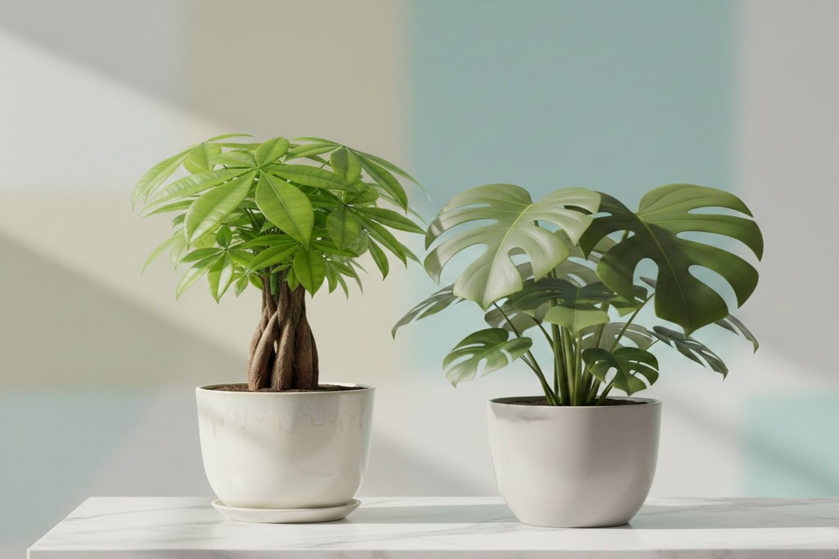 金運を高める開運植物パキラとモンステラの鉢植え