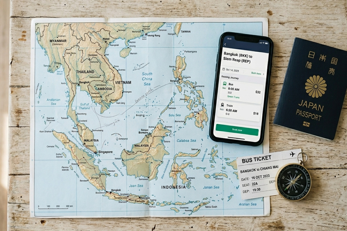 東南アジアの地図と12Go Asiaで予約できる交通手段のイメージ（イメージ）
