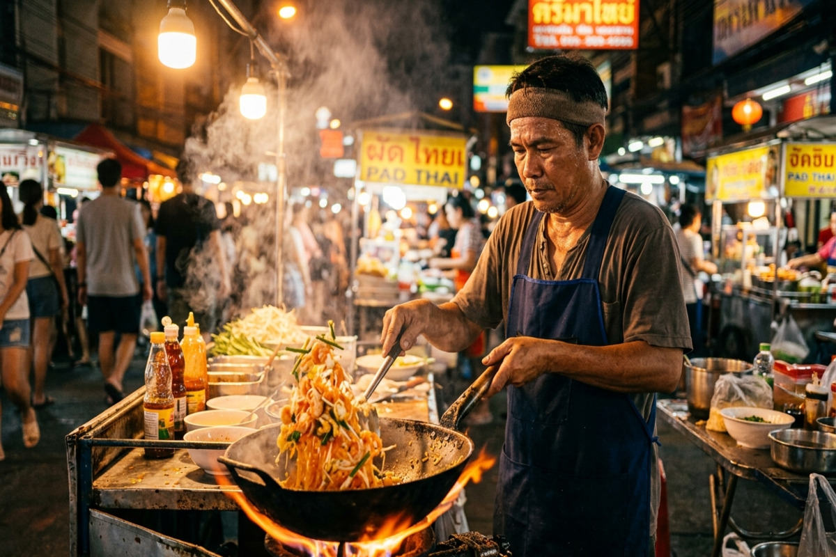バンコクの屋台でパッタイを炒める様子。強火の鉄鍋から煙が上がり、香ばしい香りが漂う