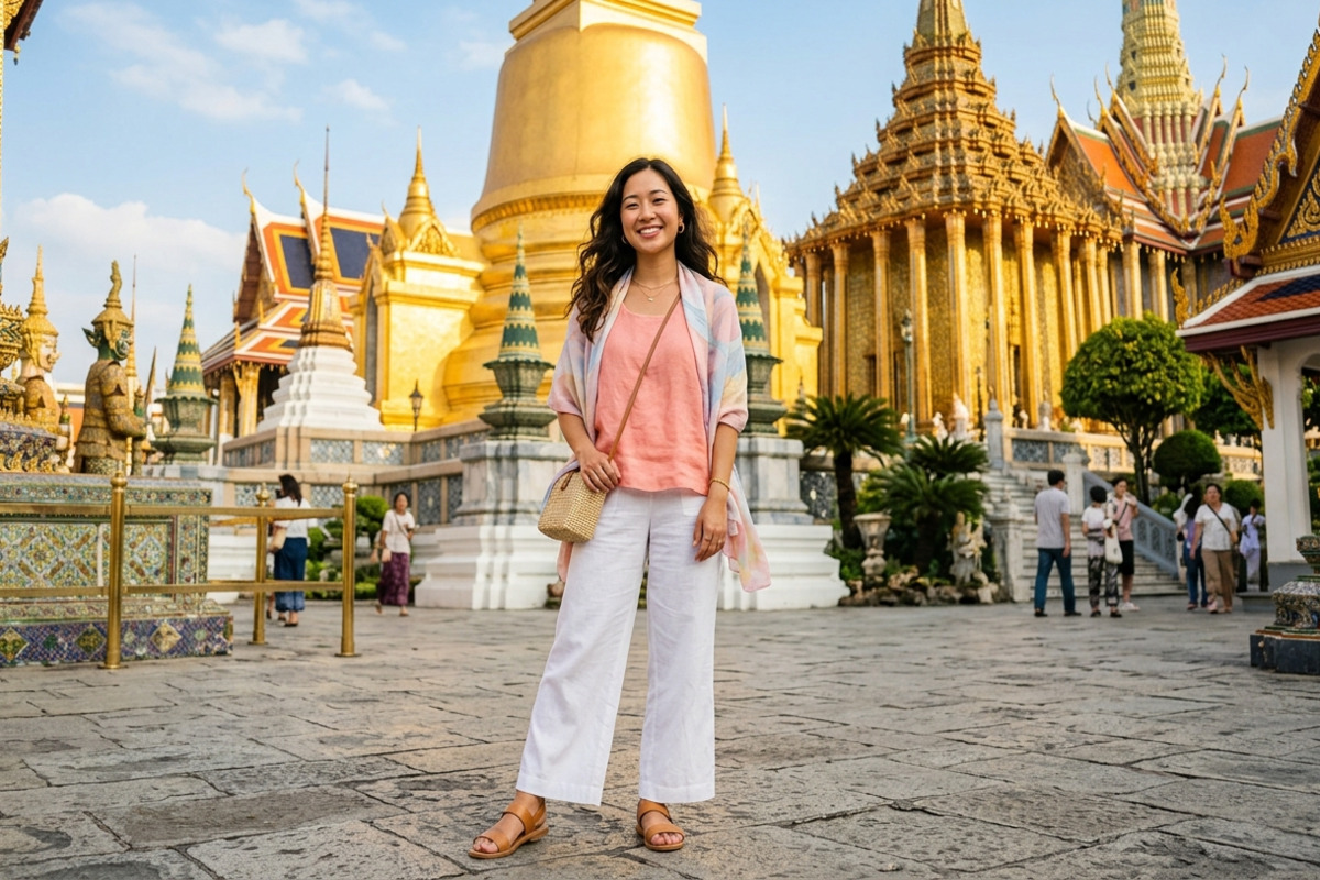 タイの寺院前に立つ女性旅行者。薄手のストールを羽織り、サンダルを履いた旅行スタイル