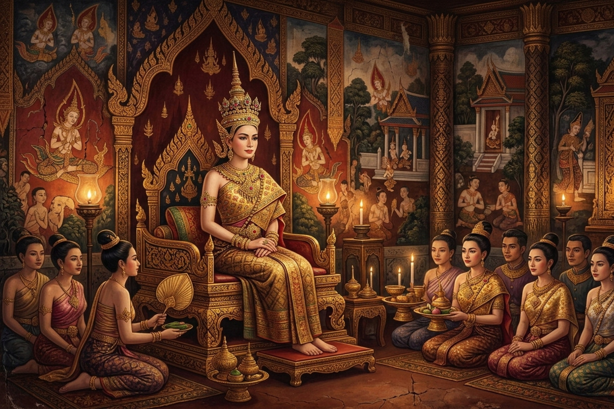 アユタヤ王朝時代の宮廷衣装を描いた歴史的壁画。金糸と絹を用いた格調ある礼装が描かれている