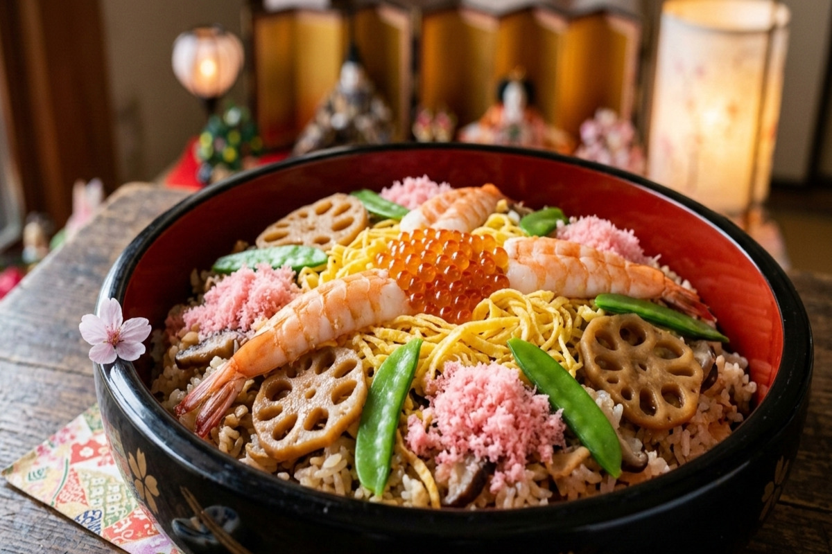 ひな祭りのちらし寿司。海老・れんこん・菜の花・錦糸卵などが彩り豊かに盛り付けられた祝い膳
