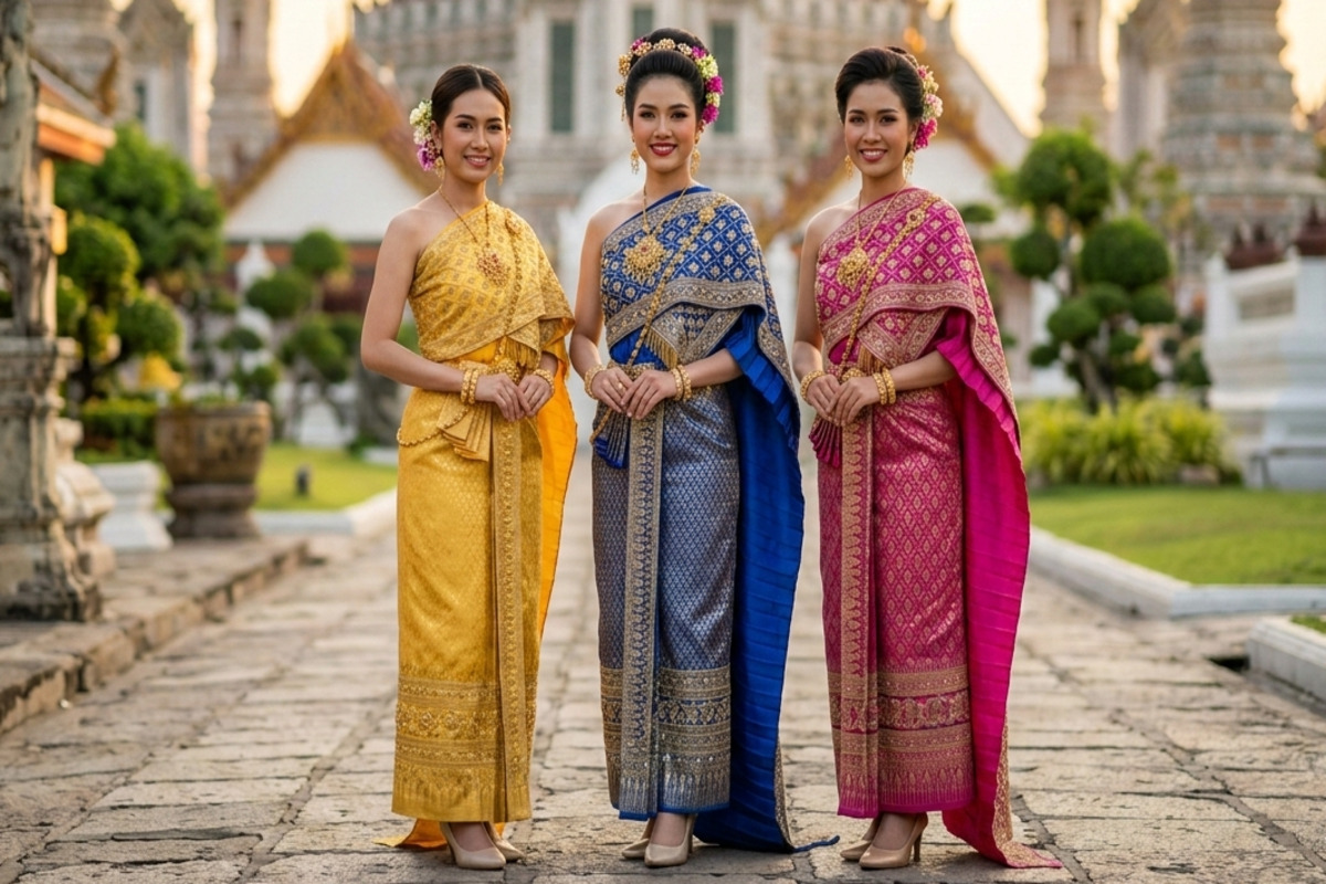 タイ伝統衣装チュットタイを纏った女性たち。黄・赤・紫・緑など色とりどりのシルクが並ぶ体験撮影の一場面