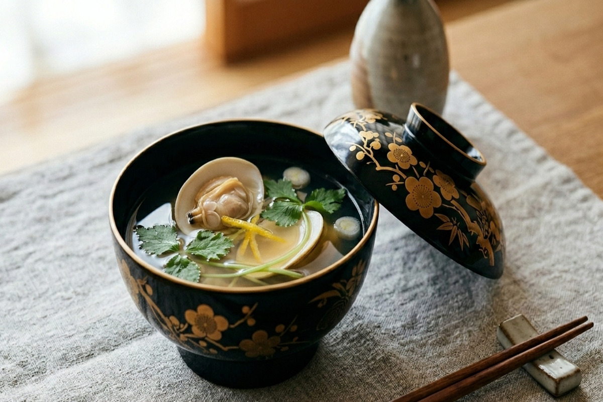 白い椀に盛られたハマグリのお吸い物。澄んだ黄金色の出汁に、開いたハマグリと三つ葉が添えられている