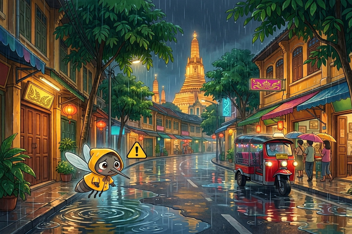タイの雨季のバンコク市街地。水たまりが多くデング熱の蚊が繁殖しやすい環境