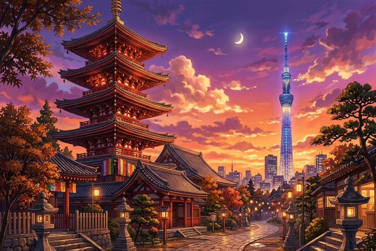 浅草寺の五重塔と東京スカイツリー。伝統と現代建築が共存する東京の象徴的な風景