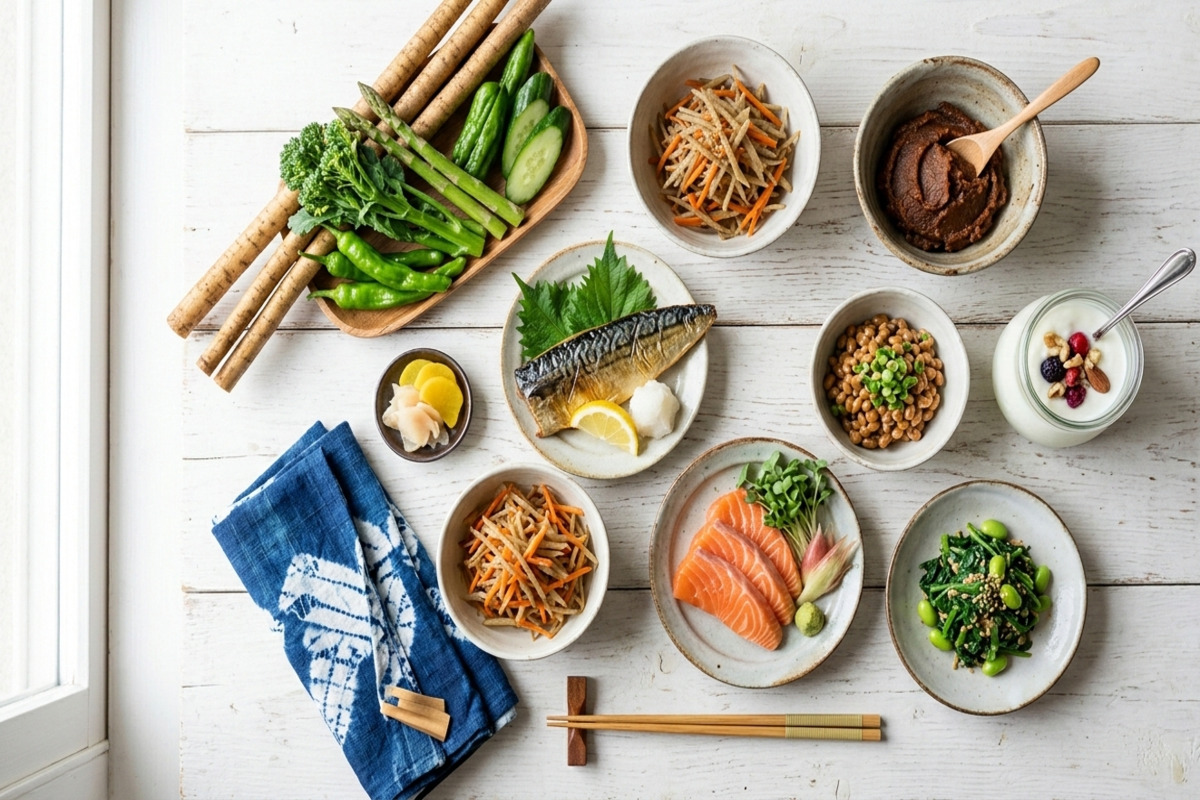 発酵食品や青魚、睡眠など花粉症を改善するための腸活・抗炎症生活の食材を並べたイメージ