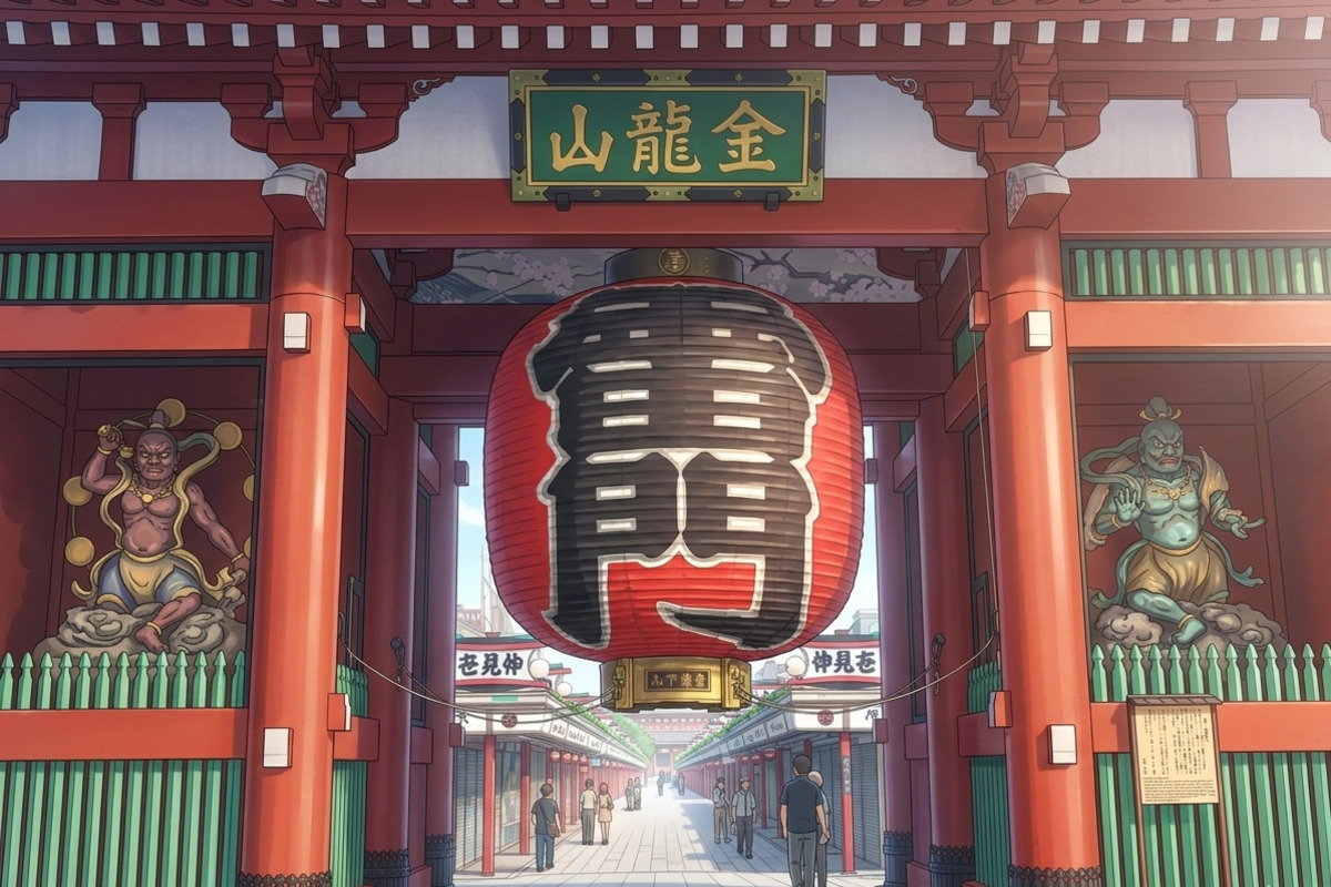 浅草寺の雷門と大提灯。赤い門柱と「風雷神門」の提灯が印象的な浅草のシンボル