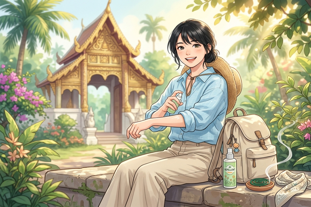 タイ旅行での蚊対策グッズ。虫よけスプレー、長袖シャツ、蚊取り線香が並んでいる
