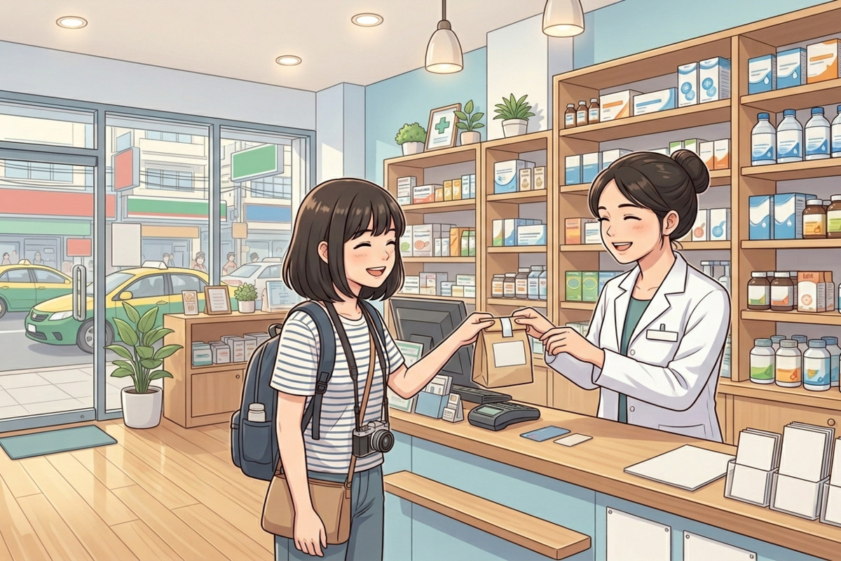 タイのドラッグストア店内。棚に整然と並ぶ薬や経口補水液