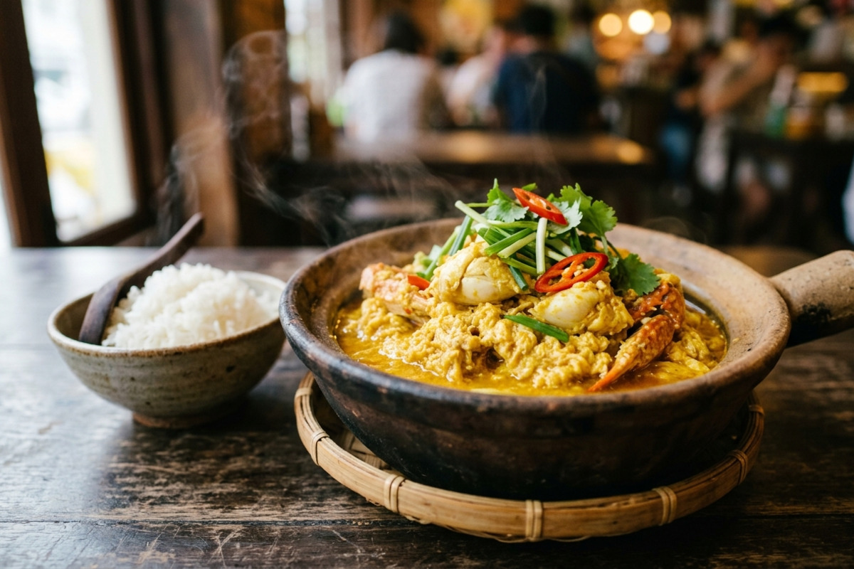 ふわふわの卵でとじられたカニのカレー炒め、プーパッポンカリー。白いご飯が添えられている