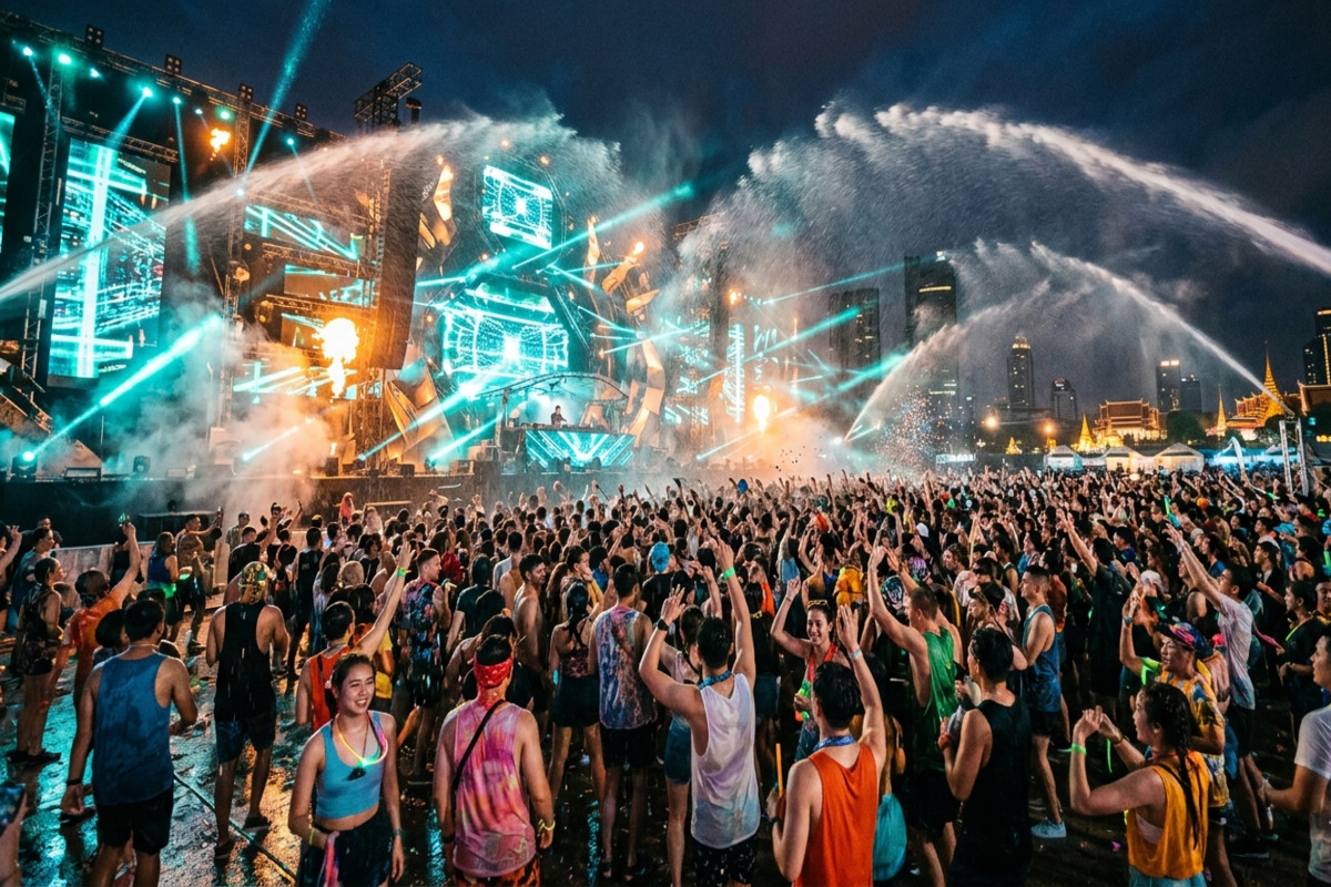 S2O Songkran Music Festival バンコクで開催されるウォーターEDMフェスの会場の様子。水しぶきとライトが交差する
