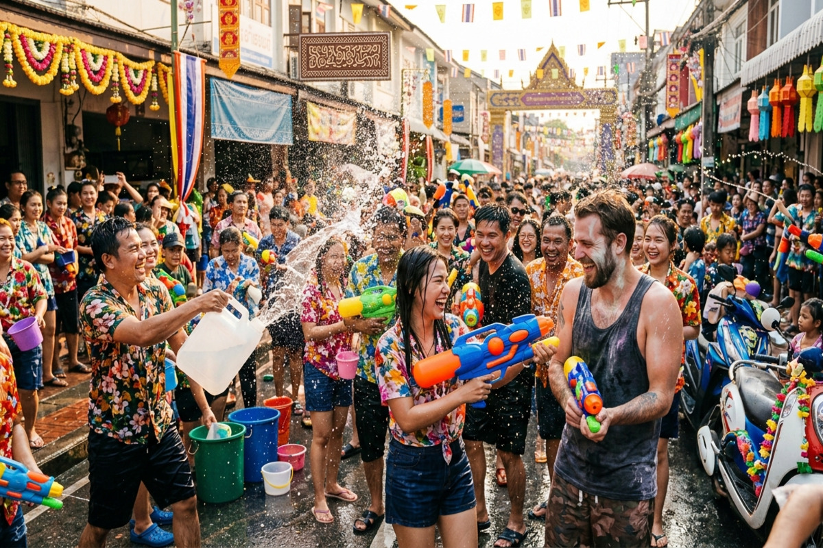ソンクラーンの水かけ祭りの様子。街中で人々が水鉄砲やバケツで水をかけ合い、笑顔でお祝いしている