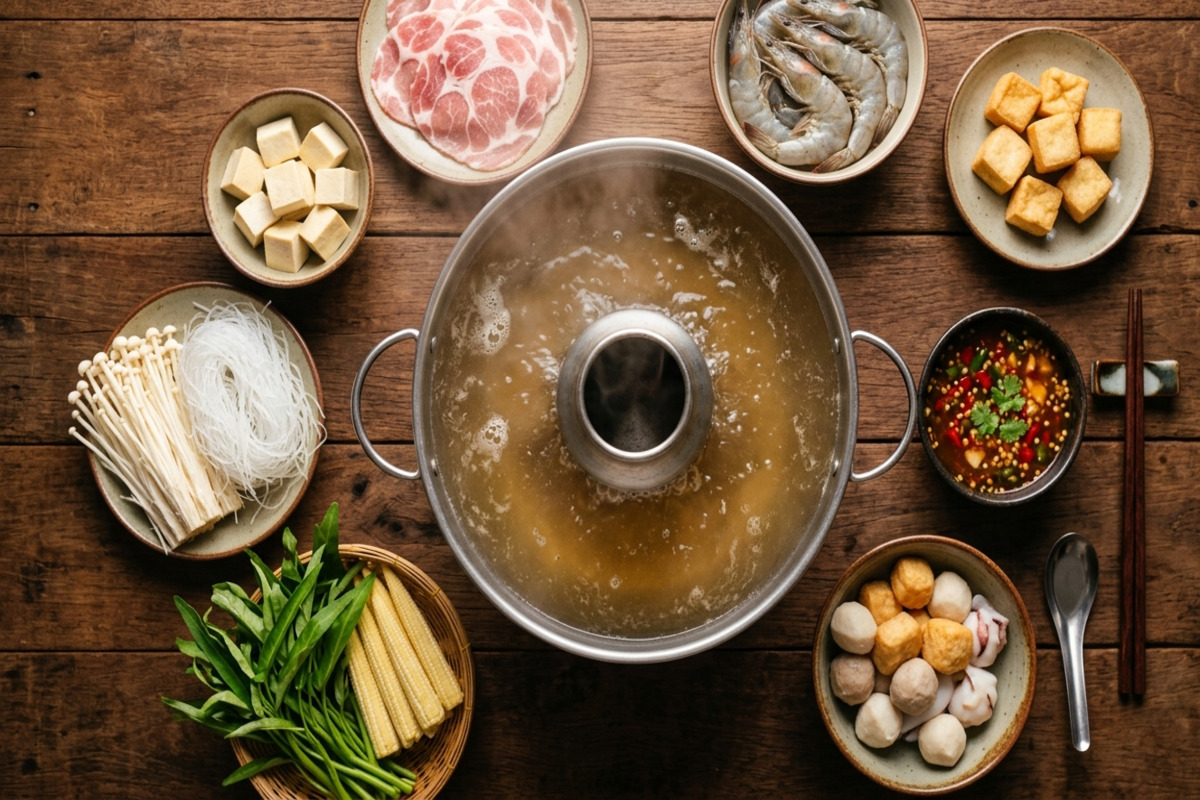 テーブルに並んだタイスキの鍋と豊富な具材、バンコクのレストランで撮影