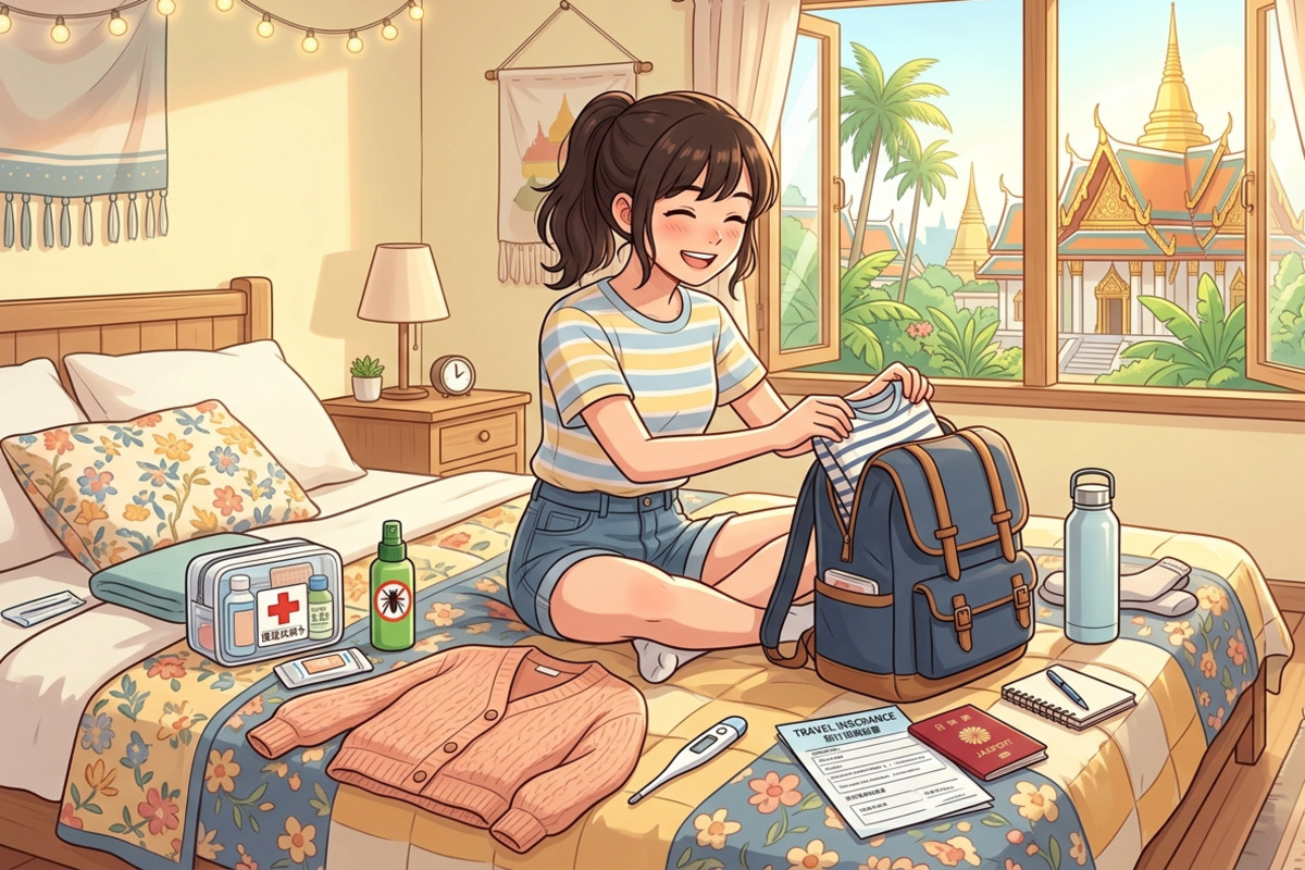 タイ旅行の持ち物が並べられた様子。薬・虫よけ・羽織りなど旅の準備グッズ一式