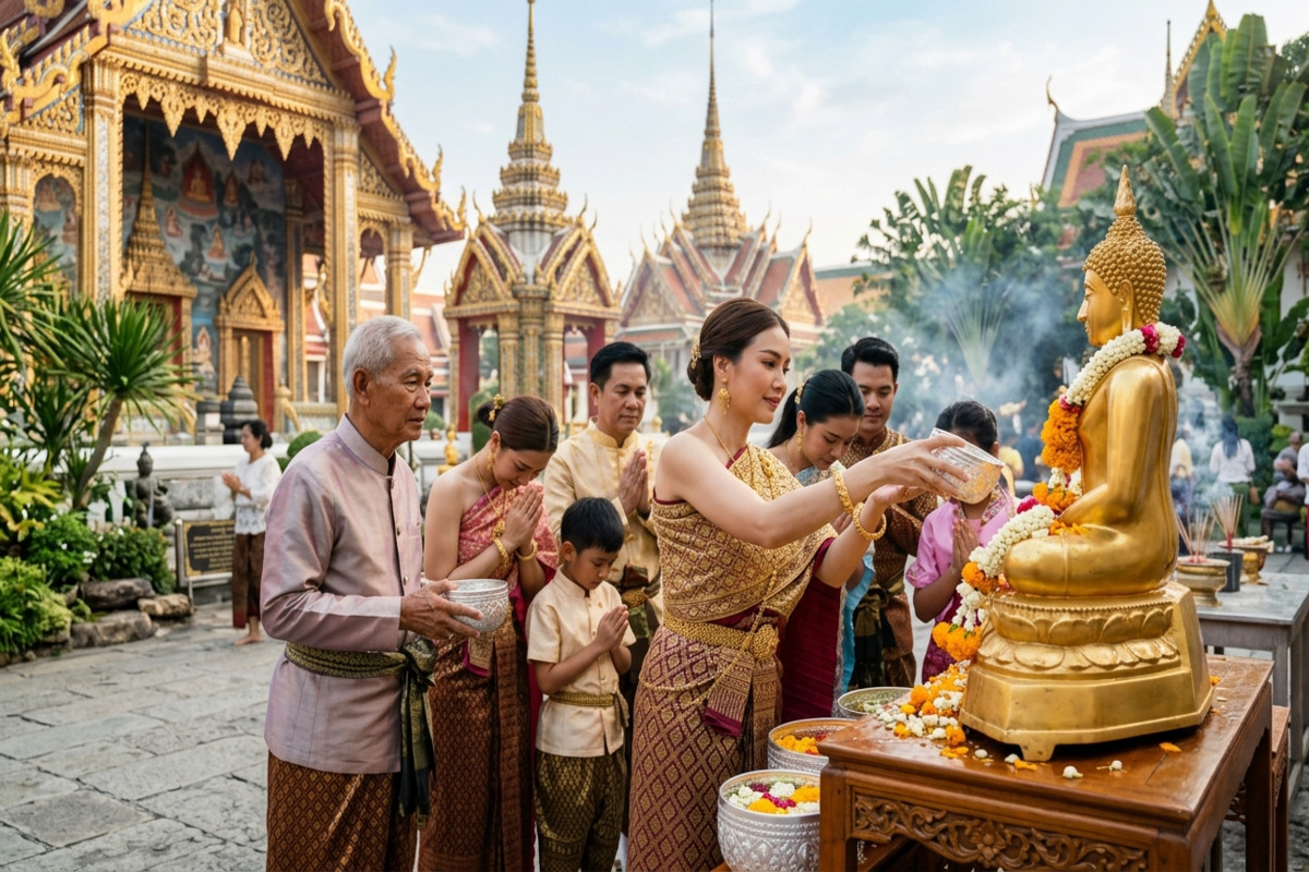 ソンクラーンで寺院の仏像に水をかけて祈りを捧げる人々。タイの伝統的な宗教儀式の様子