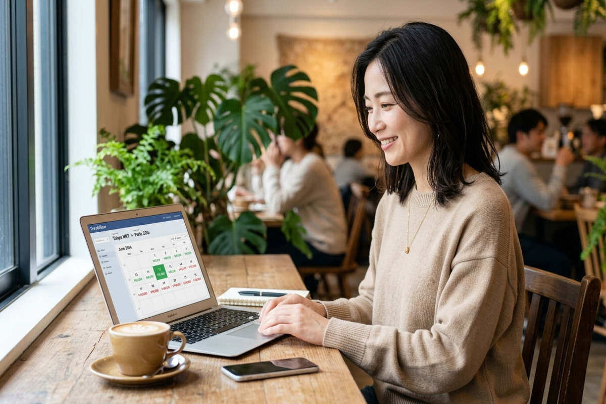 カフェで航空券の価格をノートパソコンで検索している様子