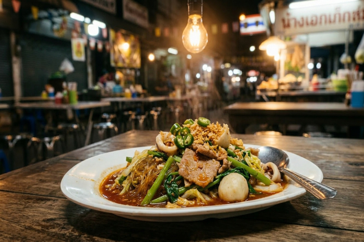 バンコクの屋台で提供されるスキヘーン。野菜と肉をナムチムスキで炒めた一品料理