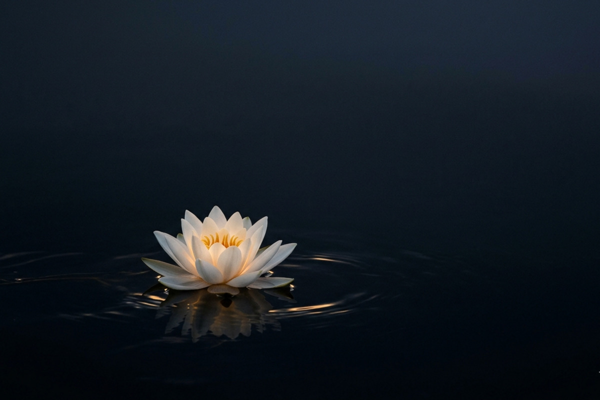 静寂な水面に浮かぶ蓮の花。慚愧の心が静かに咲く様子を表しています。
