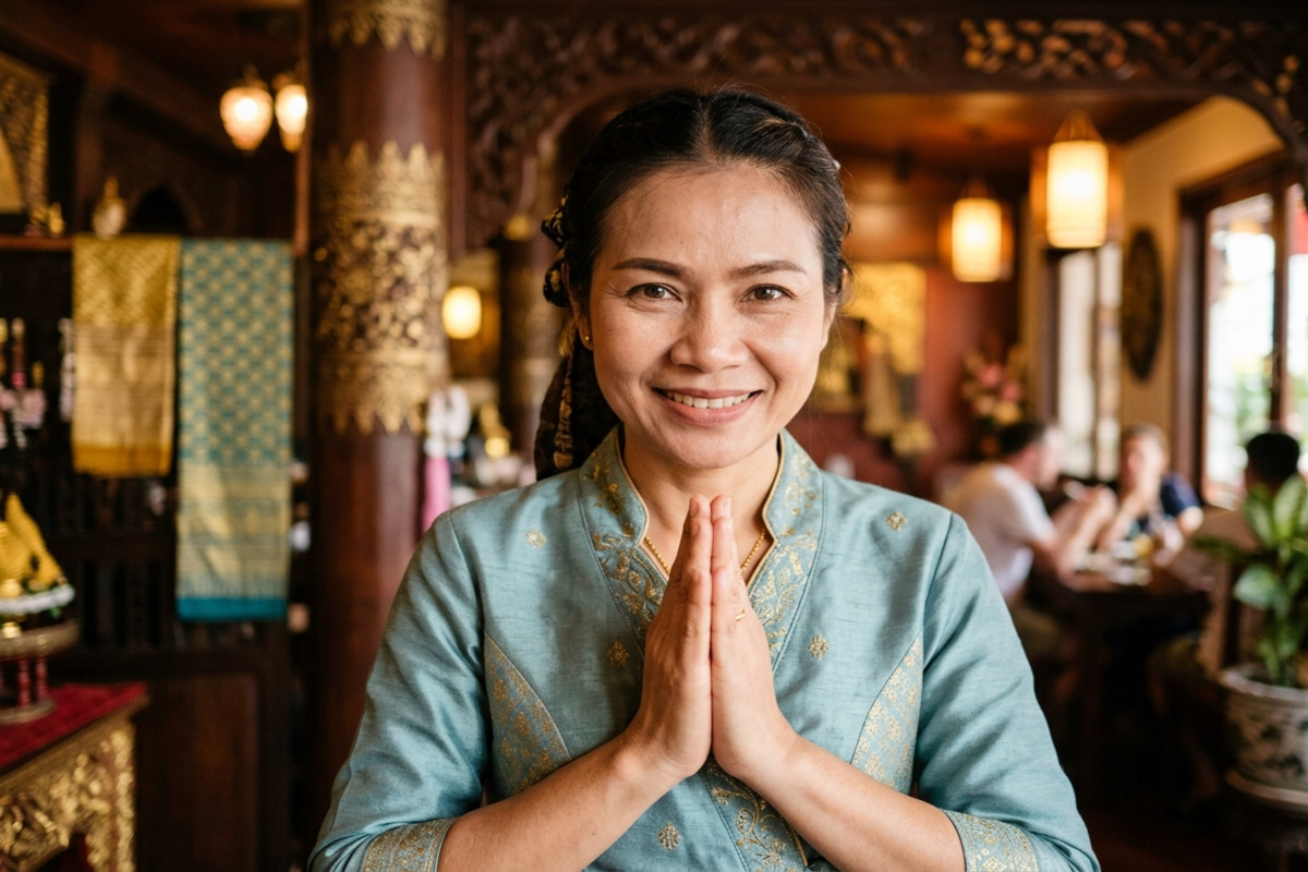 タイ伝統衣装を着た女性がワイ（合掌）で微笑む。タイ文化における笑顔とコミュニケーションを象徴する一枚
