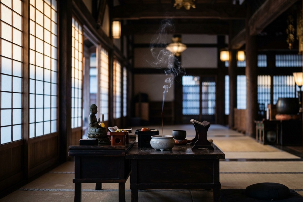 静寂な寺院の朝。お香の煙がゆっくりと昇る様子。慚愧の瞑想が日常に根づく静けさを表しています。