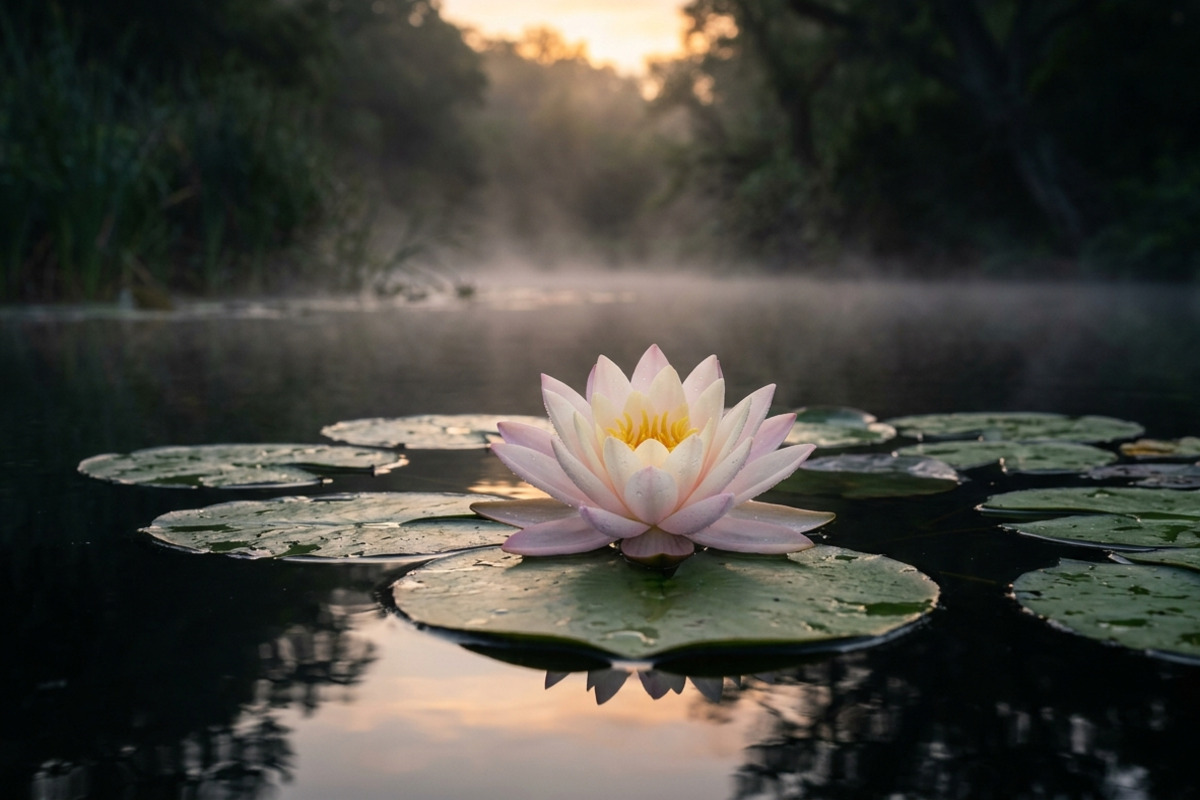 蓮の花が水面に静かに咲いている様子。泥の中から清らかに咲く蓮は仏教における智慧の象徴