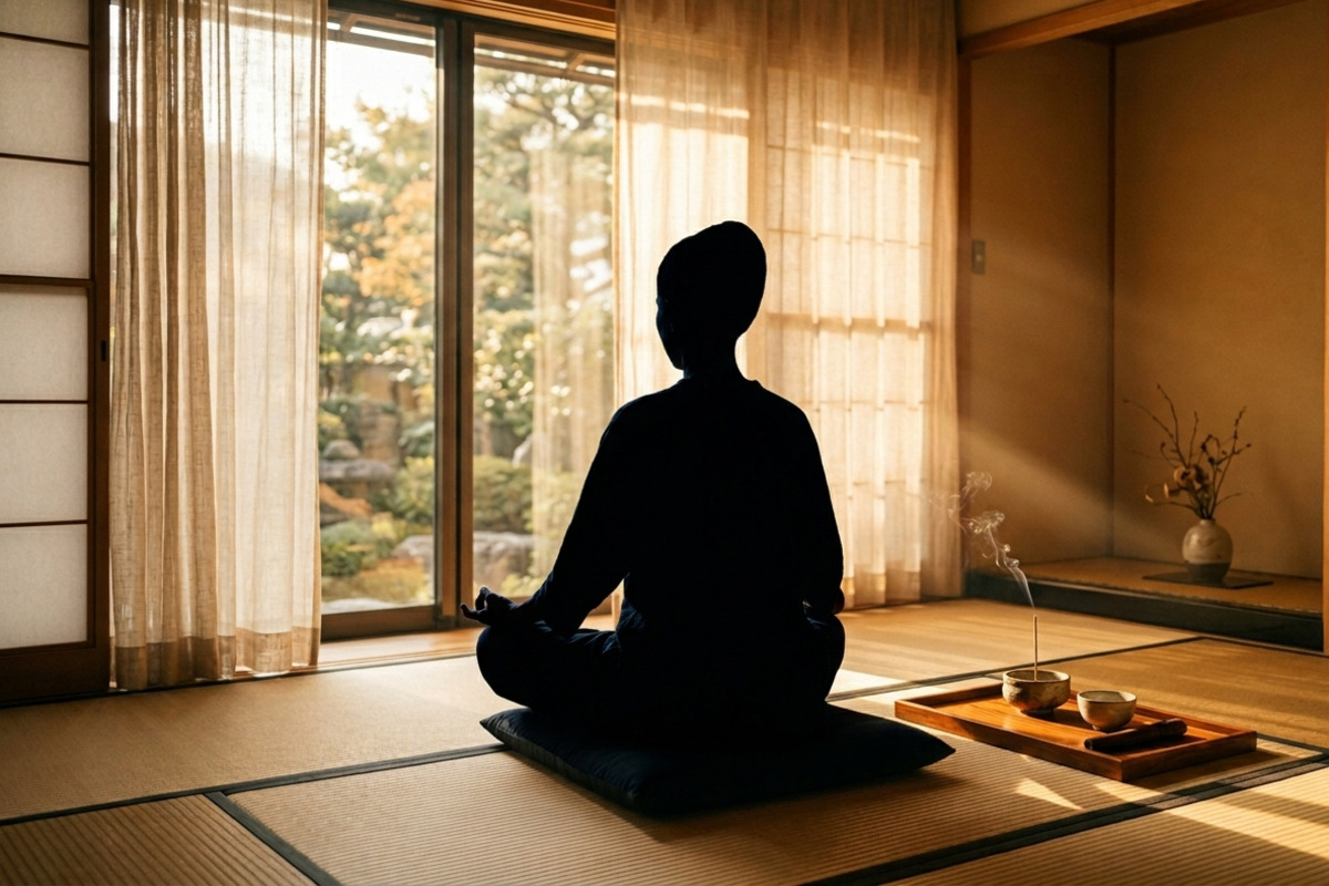 朝の光が差し込む静かな部屋で瞑想する人物のシルエット。現代の生活の中でも智慧を実践する様子