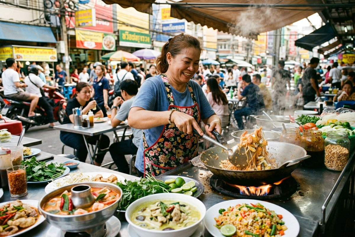 色鮮やかなタイ料理が並ぶ屋台の風景。トムヤムクンやパッタイが食欲をそそる