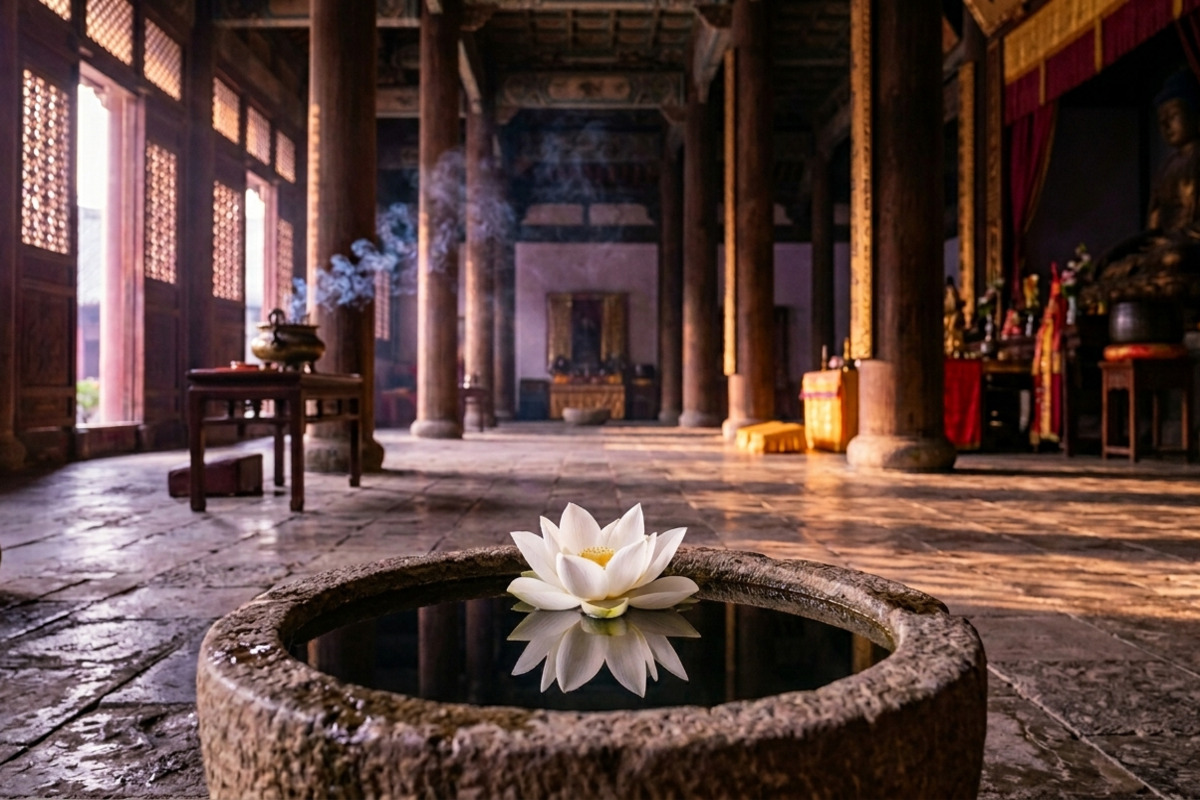 静かな寺院に差し込む光と蓮の花——慈悲の心を象徴する風景