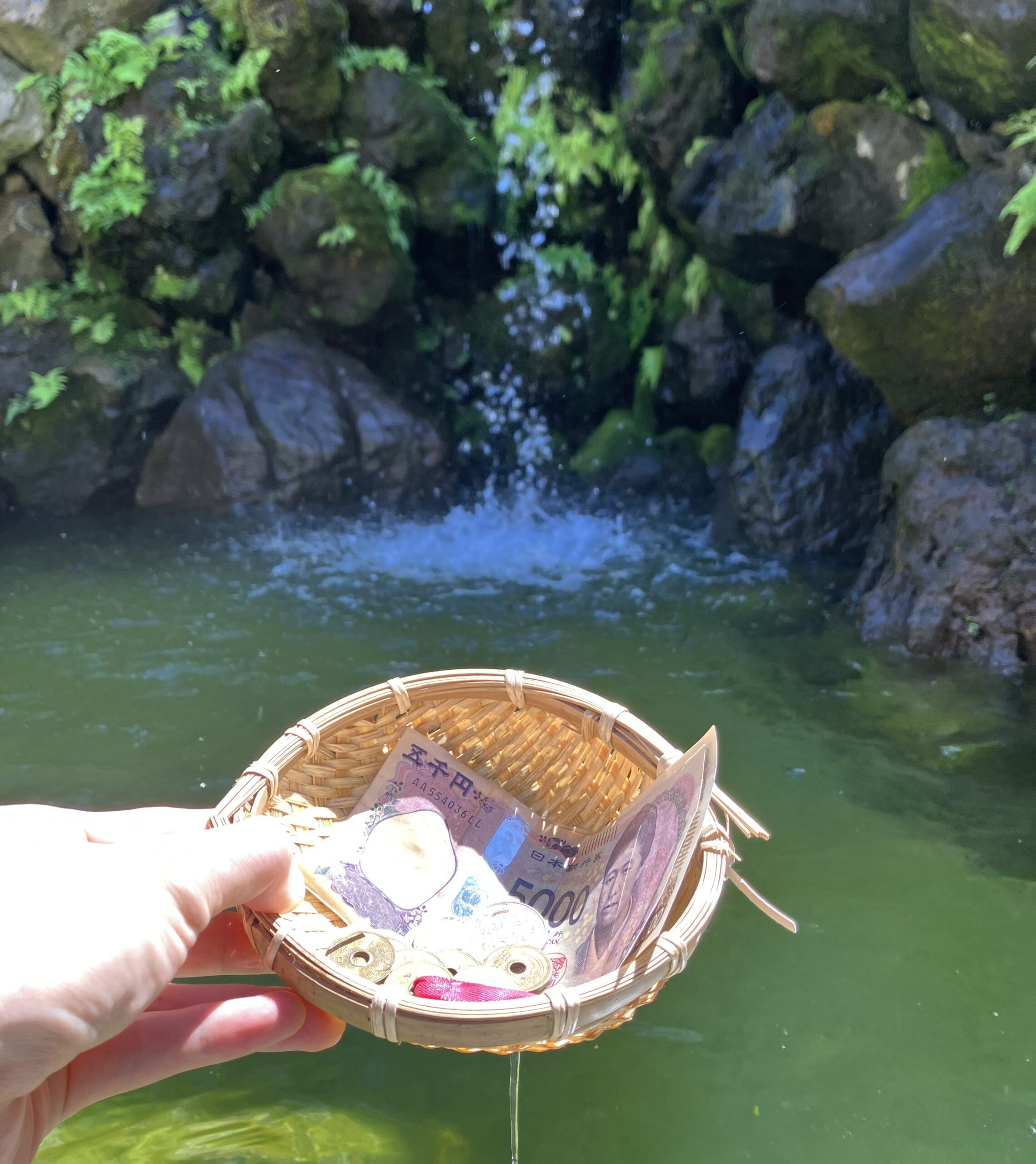 金蛇水神社の銭洗い。ザルに五千円札と硬貨を入れ、霊水で清める金運祈願の儀式