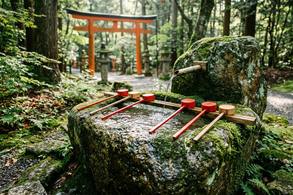 神社の手水舎。石造りの水盤に清水が流れ、柄杓が整然と並ぶ様子